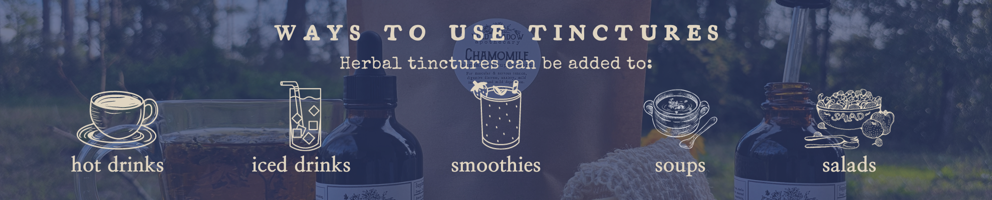 alternative ways to use tinctures: add to hot drinks, smoothies, iced drinks, soups, and salads